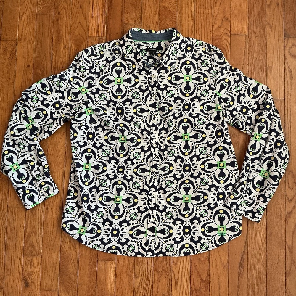 Talbots Womens Mod Geo Print Long Sleeve Collared Cotton Blouse Sz16